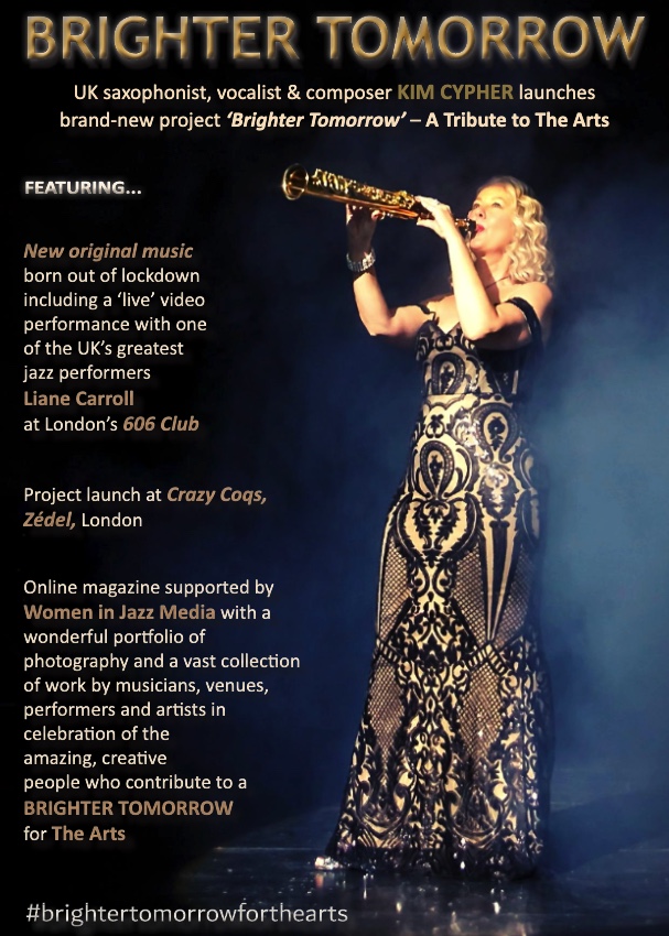 Magazine cover of Kim Cypher, dressed in a gold, sparkling dress playing the soprano saxophone, on a dark stage.