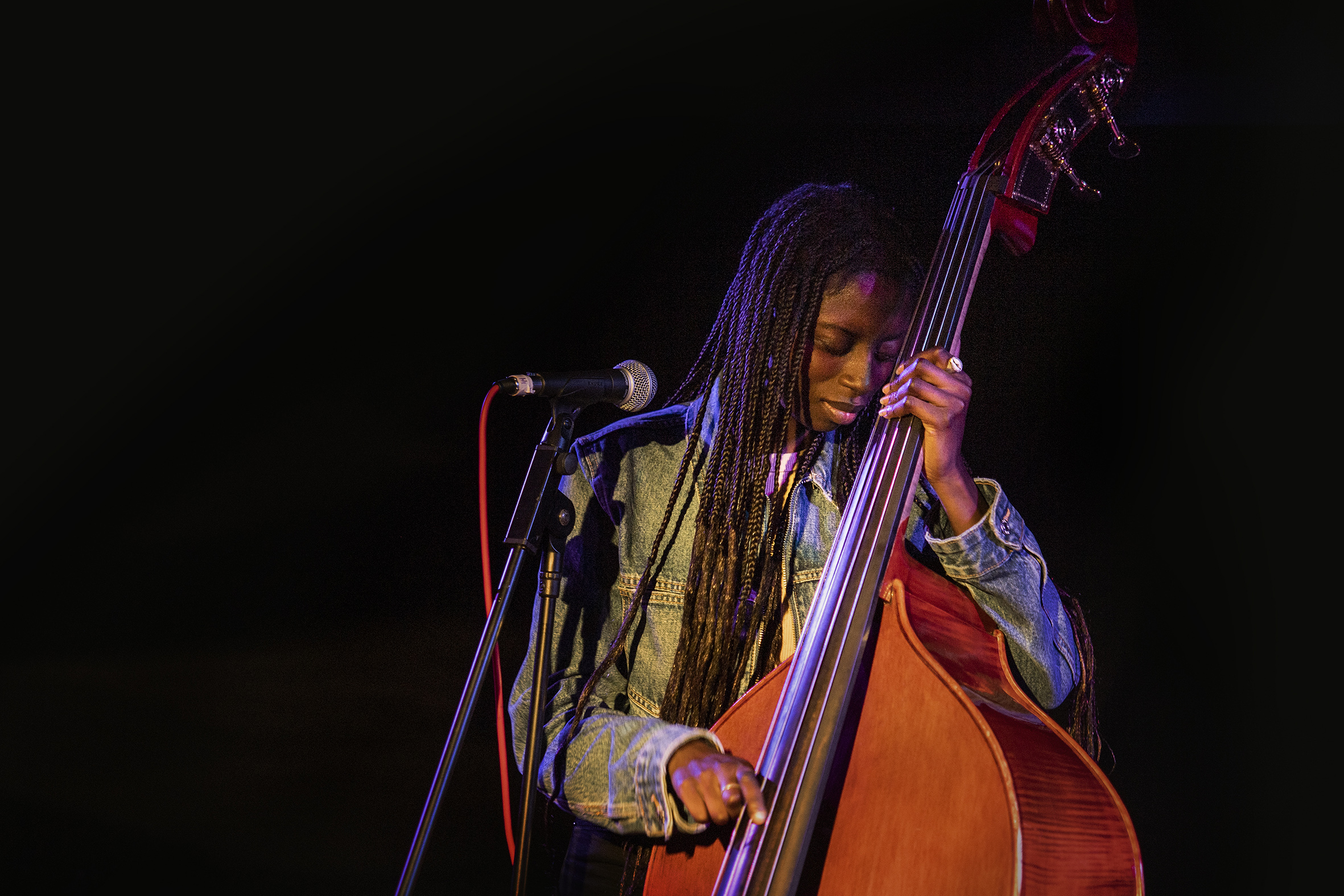 Colour photo of Amy Gadiaga looking towards her double bass