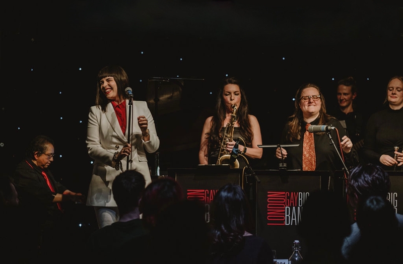 Colour photo of the all female London Gay Big Band - taken by Photo by Jess Rose